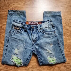 Demolition Jeans Mens Size 30x32 Distressed Hemmed Light Wash Blue Denim Patch